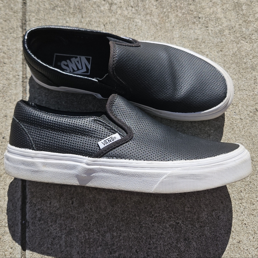Vans Classic black Leather slip on Shoes  Mens 5.5 Womens 7